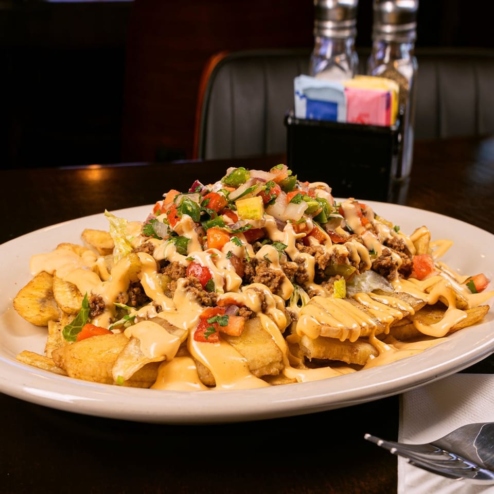 A large plate of Cantina Del Mar nachos with ground beef, cheese sauce, and fresh pico de gallo.